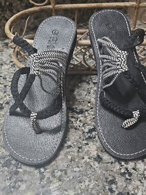 Braided Rope Black Slide Sandals with Contrast Weave